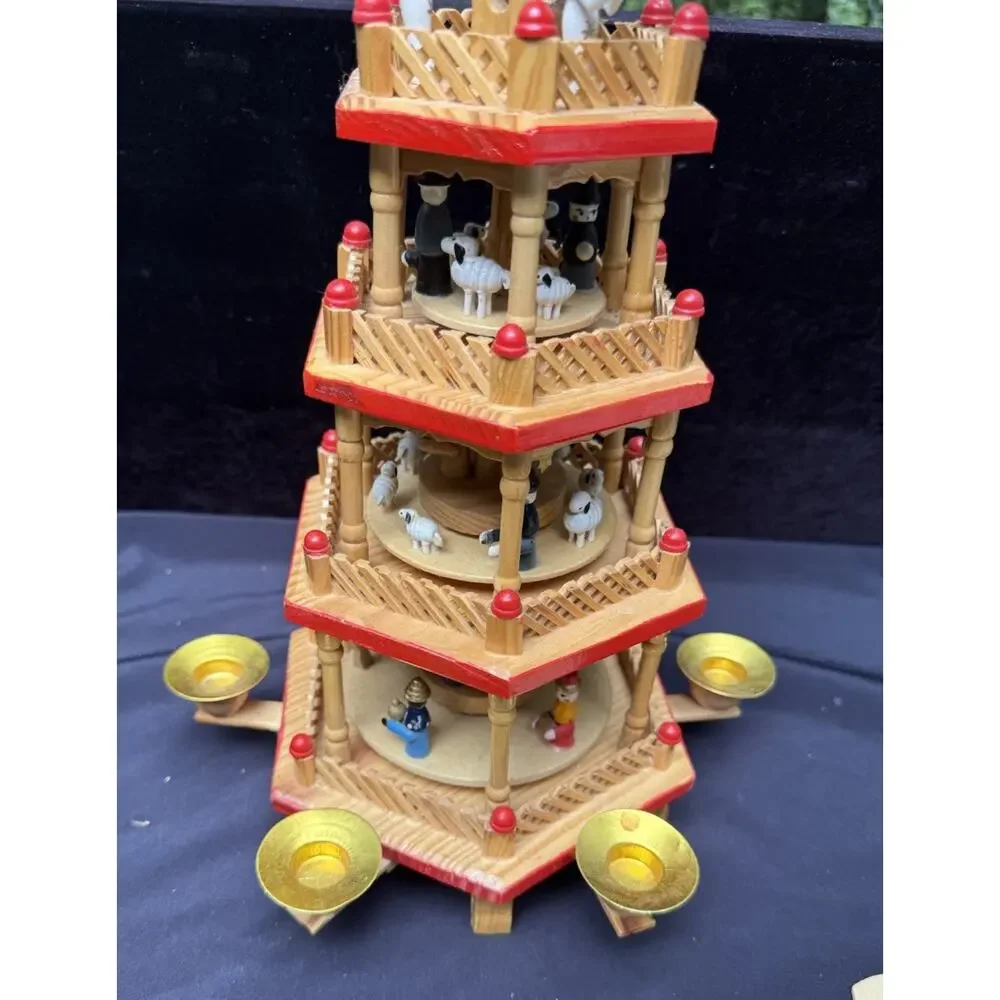 Vintage Lillian Vernon 4 Tier Wood Christmas Spinning Pyramid Complete